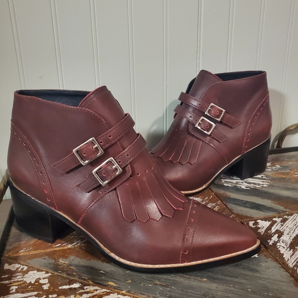 Brazil Leather Booties Pointed Toe Buckle Accents Fringe Detail Witchy Punk
